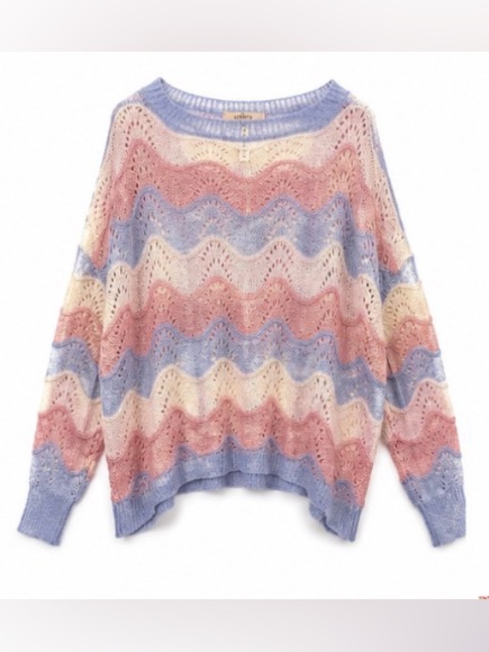 Entro Women’s Small Oversized Pastel Chevron Open Knit Sweater Pink Blue Cream